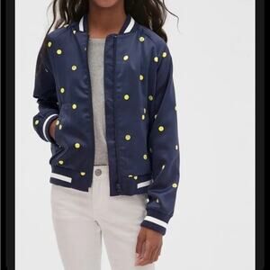 Gap Kids satin emoji bomber jacket - navy blue with yellow smiley face print-med